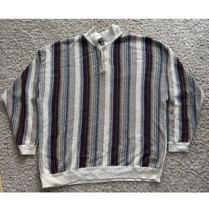 Mens Vintage Striped Knit Pullover Sweater XL Button Neck